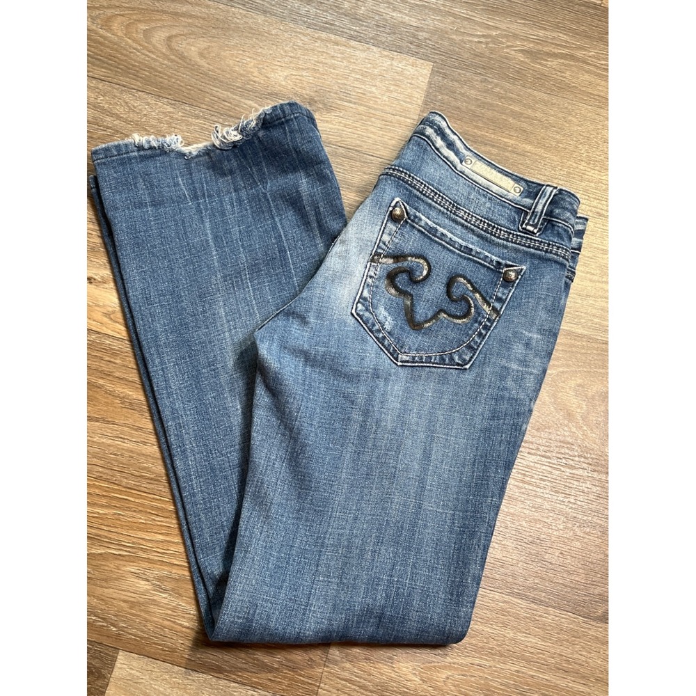 Rock‎ for Express Y2K Low Rise Bootcut Jeans 6S Medium Wash Distressed DenimK